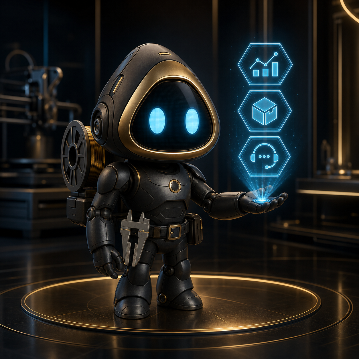 Mascote JulyIA compacta com mochila de filamento, paquímetro e hologramas do ERP